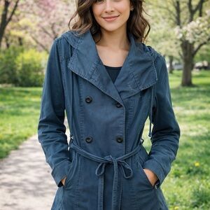 Converse Sz 12 Teal Blue Hooded Trench Coat Double Breasted Belted 100% Cotton